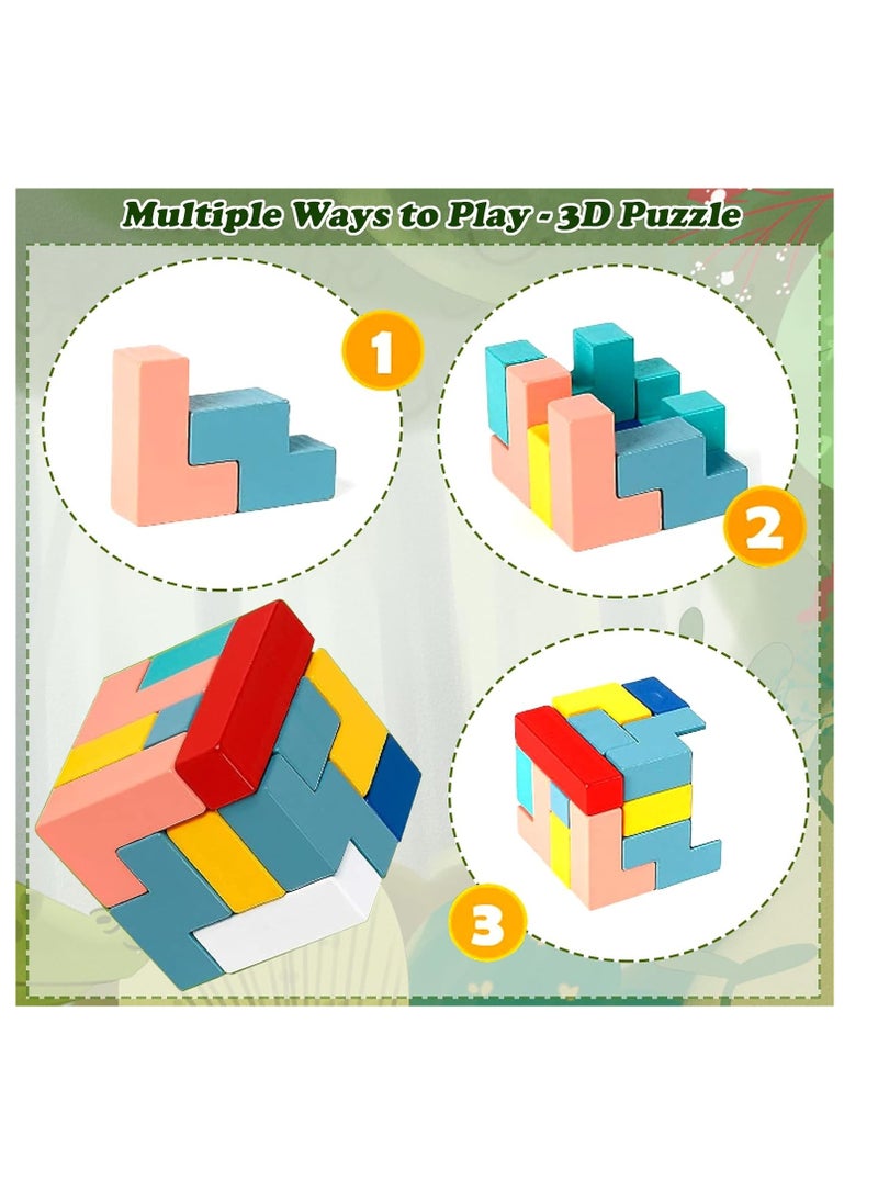 Wooden Tetris Puzzle, Tangram Brain Teaser Toy, Busy Board Wooden Toy, 3 in 1 Montessori Toys for 1-6 Years Old Kids, 3D Jigsaw Brick Puzzle, Developmental Toy, Educational Toy Gift for Boys Girls