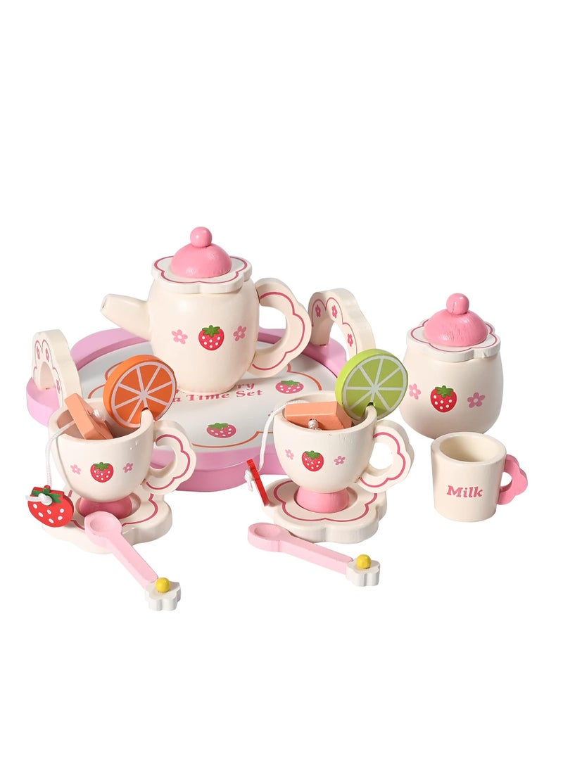 Donmills Wooden Tea Set for toddlers Pretend Play Game Toy for Girls Kids Tea set 14 Pcs Cute Wooden Play Kitchen Accessories for Children Gift for Birthday  Easter Afternoon Tea Party