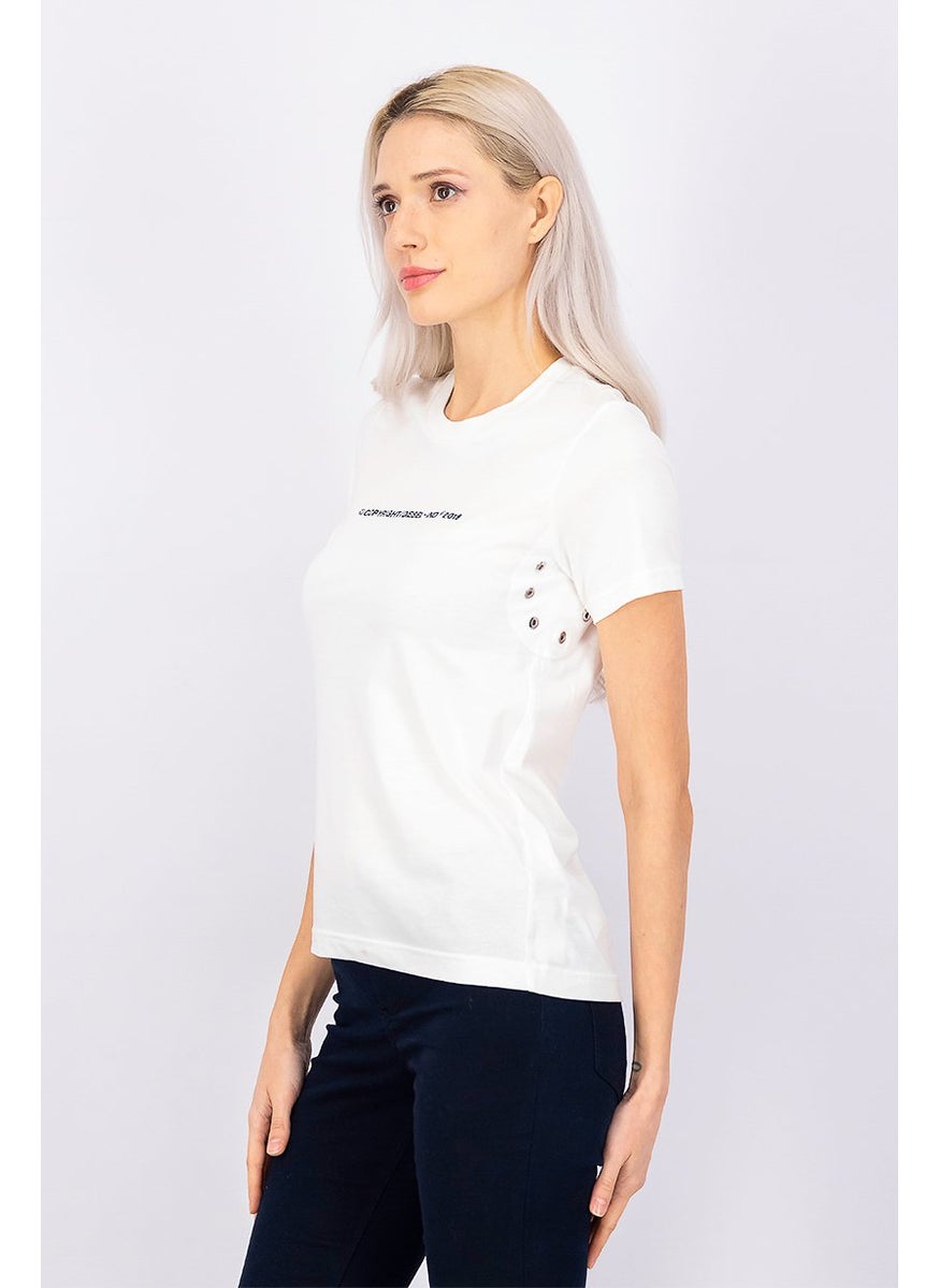 Women Short Sleeve Embroidered Print Top, White