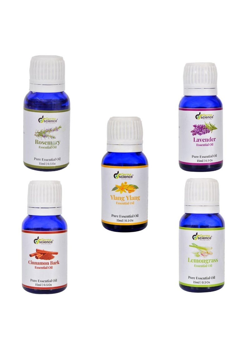 Derma Science Ylang Ylang Lavender Rosemary Cinnamon Bark Lemongrass Essential Oil 15ml for Diffusers Wardrobes Concentration Spirituality