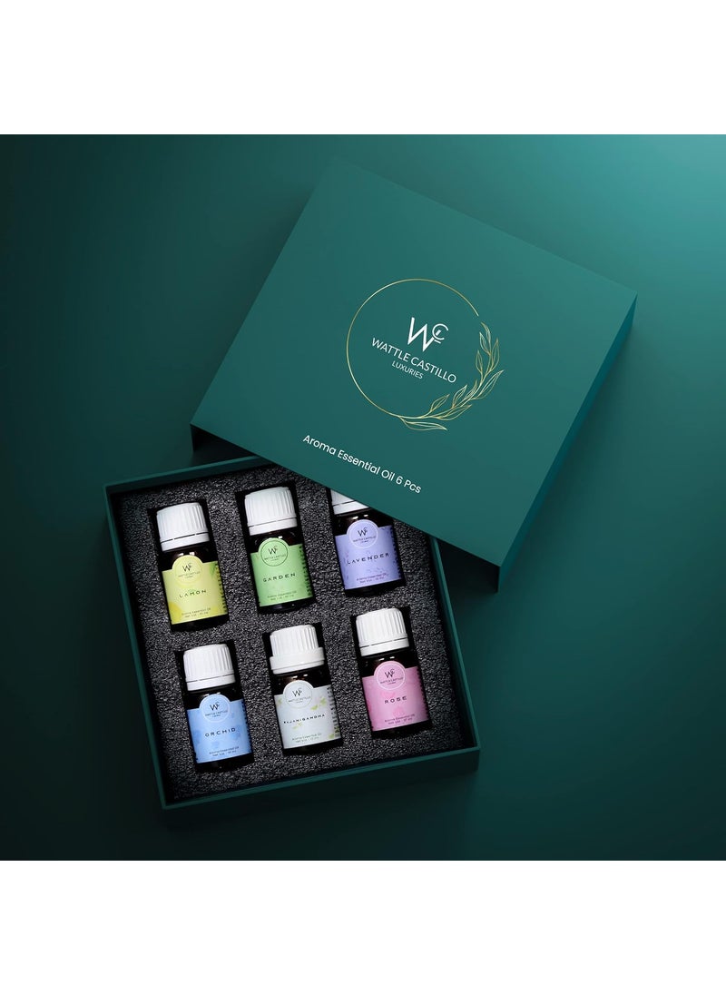 Wattle Castillo Luxuries Aroma Essential Oil Diffuser for Relax Calm Mood Lemon Garden Levender Orchid Rajanigandha and Rose 10ml Each Multicolour Set of 6
