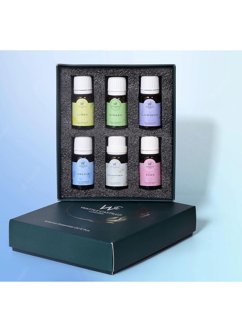 Wattle Castillo Luxuries Aroma Essential Oil Diffuser for Relax Calm Mood Lemon Garden Levender Orchid Rajanigandha and Rose 10ml Each Multicolour Set of 6