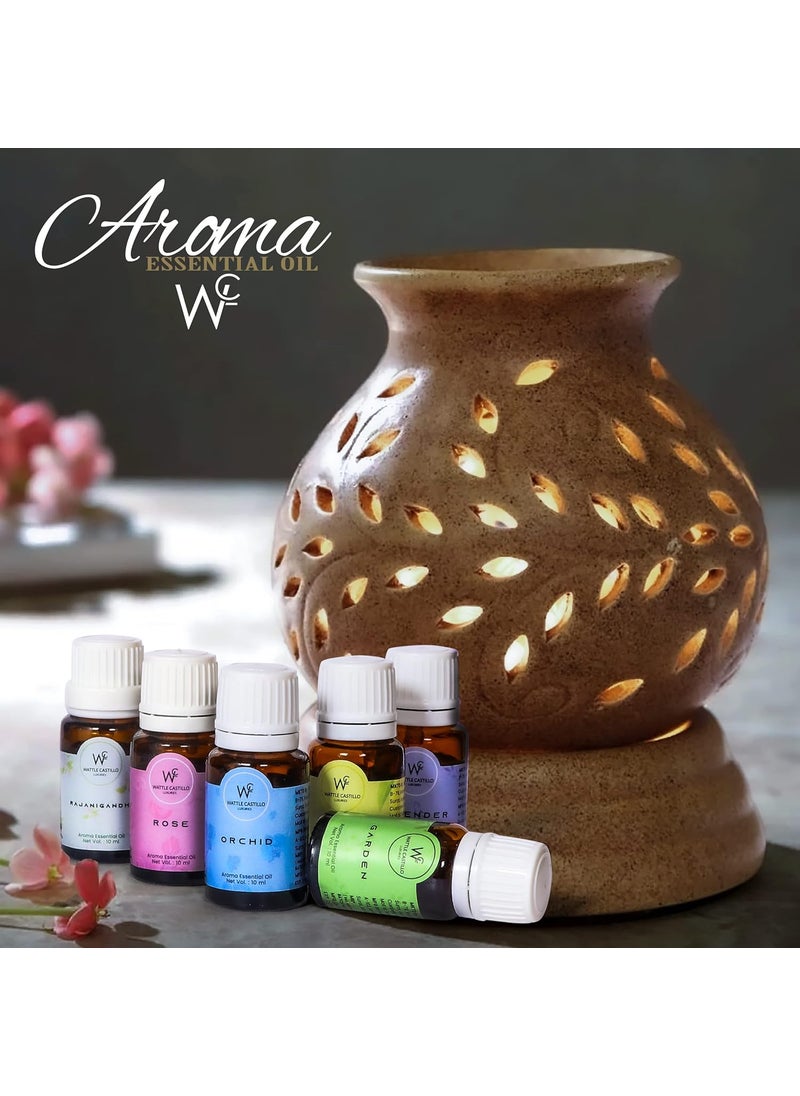 Wattle Castillo Luxuries Aroma Essential Oil Diffuser for Relax Calm Mood Lemon Garden Levender Orchid Rajanigandha and Rose 10ml Each Multicolour Set of 6