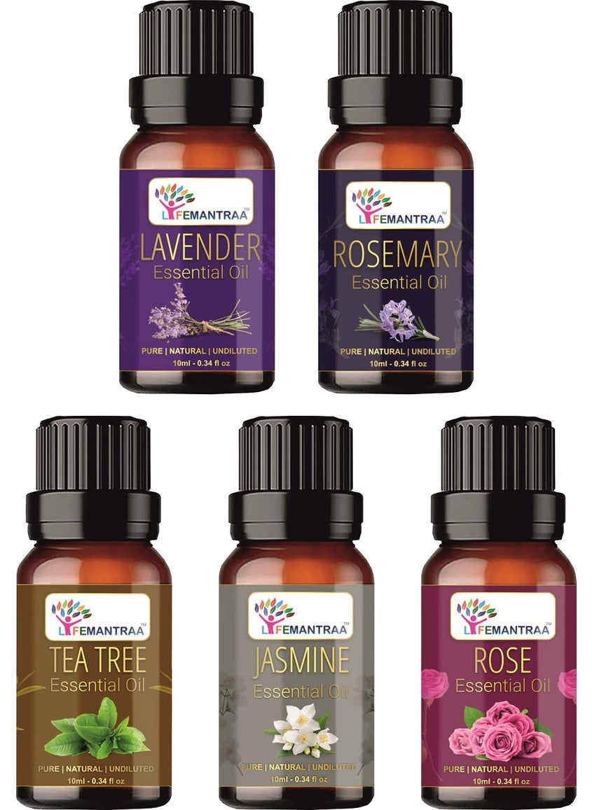 Lifemantraa Pure Lavender Rosemary Tea Tree Jasmine and Rose Essential Oil for Home Fragrance Diffuser Essential Oils Set for Room Air Freshener Aroma Oil Diffusers Soap Making Candle Making 10ml Each 50ml