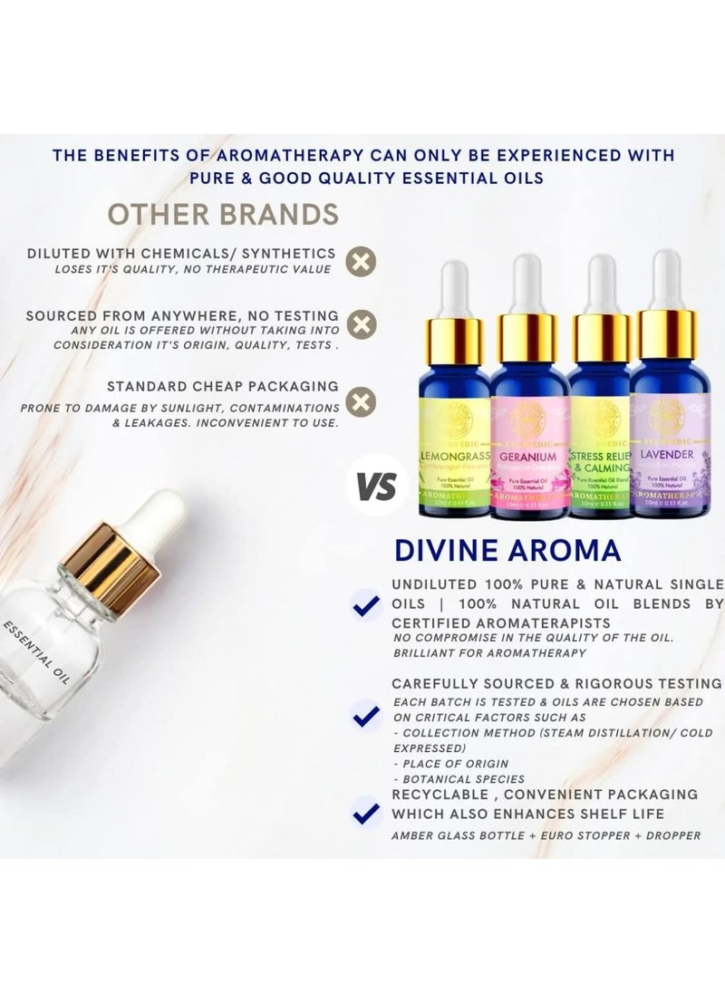 Divine Aroma Lavender Essential Oil 100 PURE Natural Essential Oil 10ml Undiluted Exotic Floral Sweet Aroma For Home Fragrance Aromatherapy Yoga Skin Care Hair Growth Care Relaxation Personal Care Spa Resort Hotels Receptions Home Bedrooms Bath