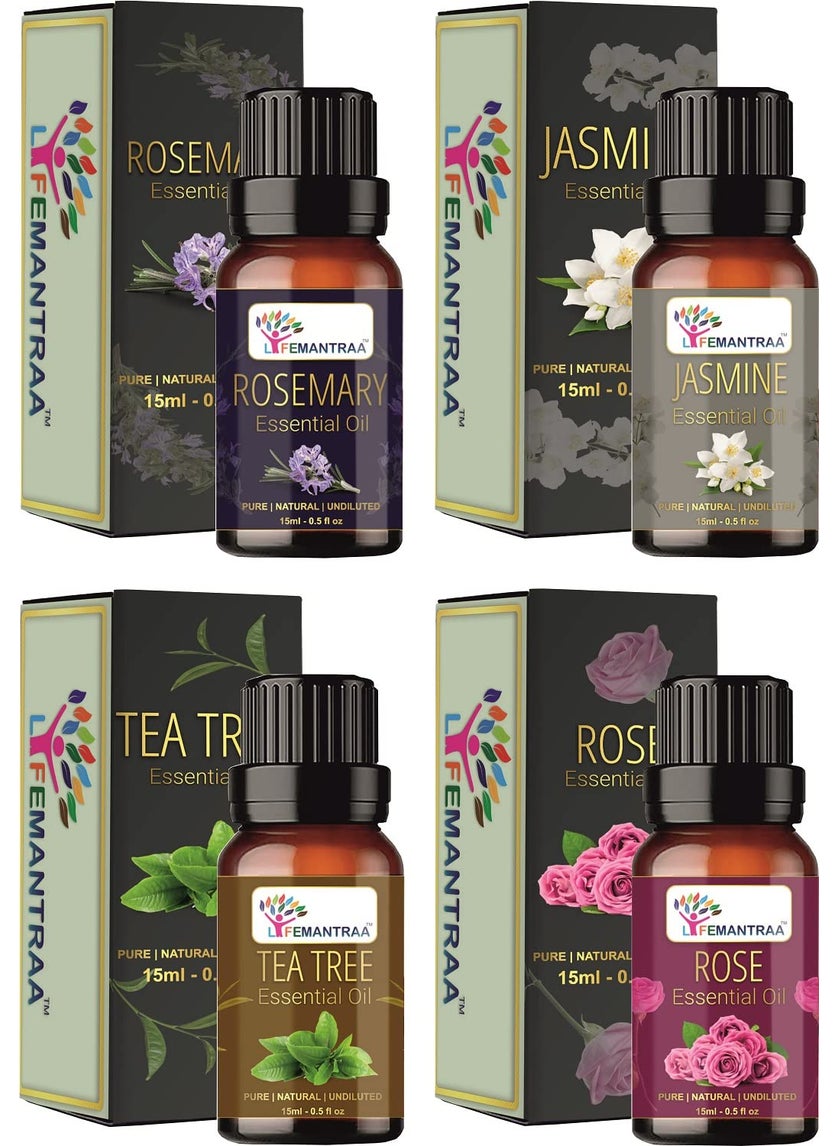 Lifemantraa Pure Rosemary Jasmine Tea Tree and Rose Essential Oil for Home Fragrance Diffuser Essential Oils Set for Room Air Freshener Aroma Oil Diffusers Soap Making Candle Making 15ml Each 60ml