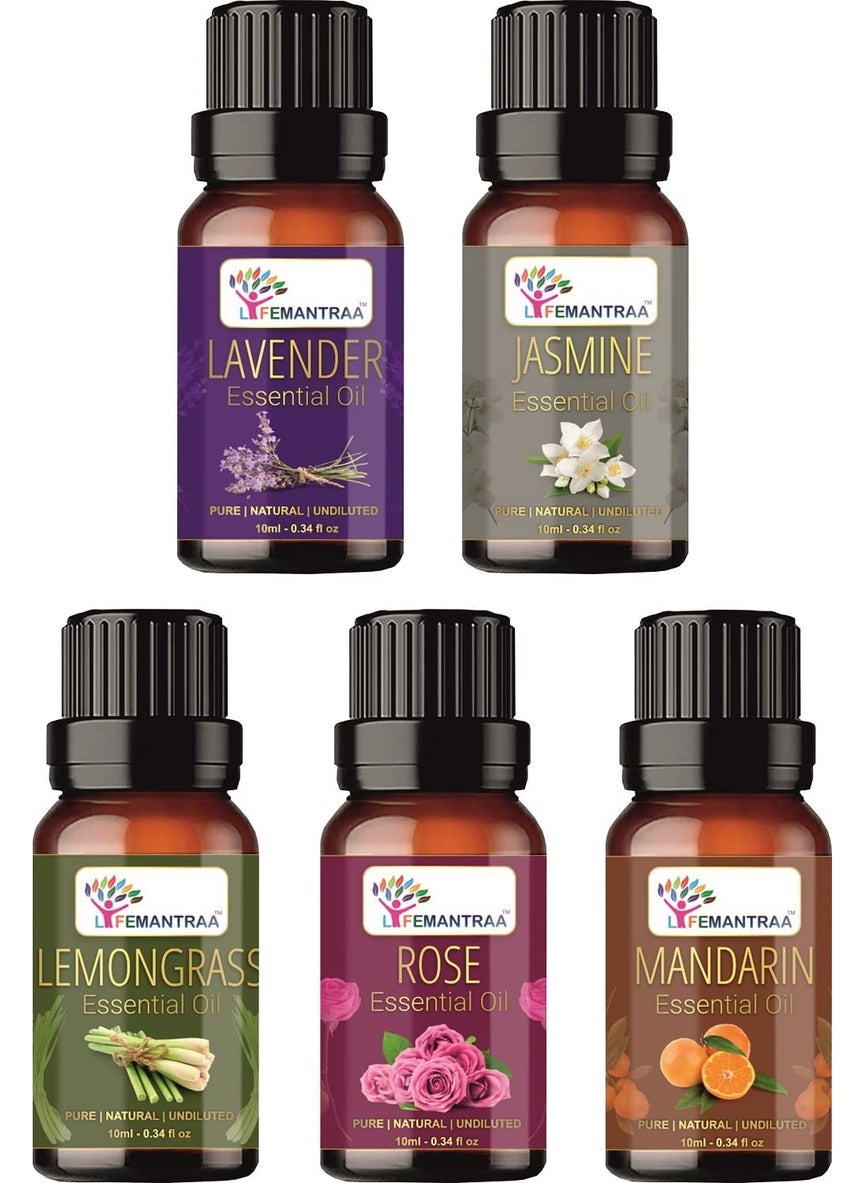 Lifemantraa Pure Lavender Jasmine Lemongrass Rose and Mandarin Essential Oil for Home Fragrance Diffuser Essential Oils Set for Room Air Freshener Aroma Oil Diffusers Soap Making Candle Making 10ml Each 50ml