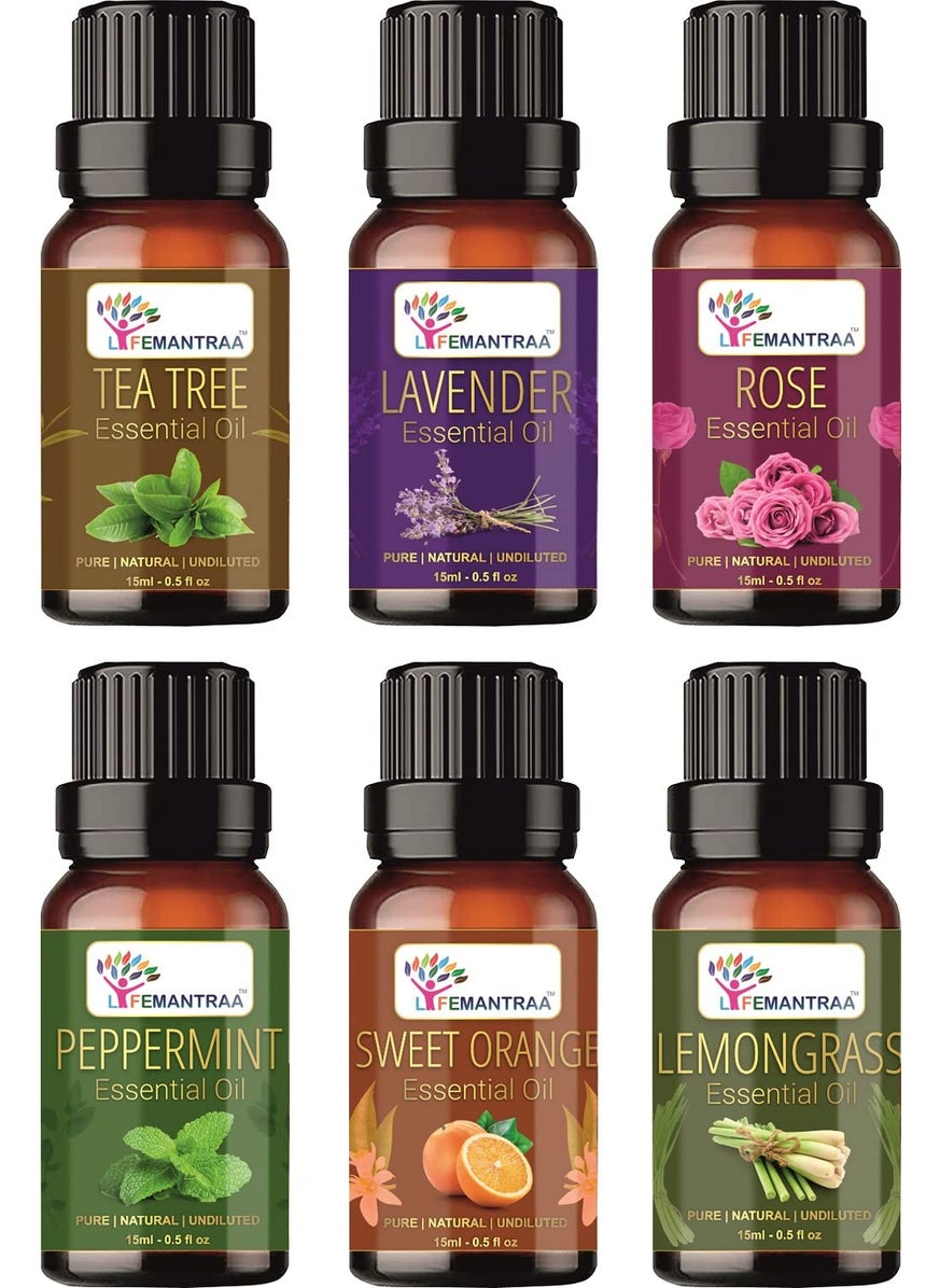 Lifemantraa Pure Tea Tree Lavender Rose Peppermint Sweet orange and Lemongras Essential Oil for Home Fragrance Diffuser Essential Oils Set for Room Air Freshener Aroma Oil Diffusers Soap Making Candle Making 15ml Each 90ml