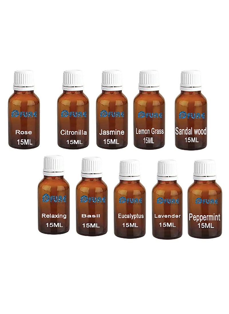 Pfure Solution Aroma Diffuser Oil Citronilla Jasmine Lemon Grass Relaxing Basil Lavender Eucalyptus Peppermint Sandal WoodRose Aroma Fragrance Oil Essential Oil 15ml Pack of 10
