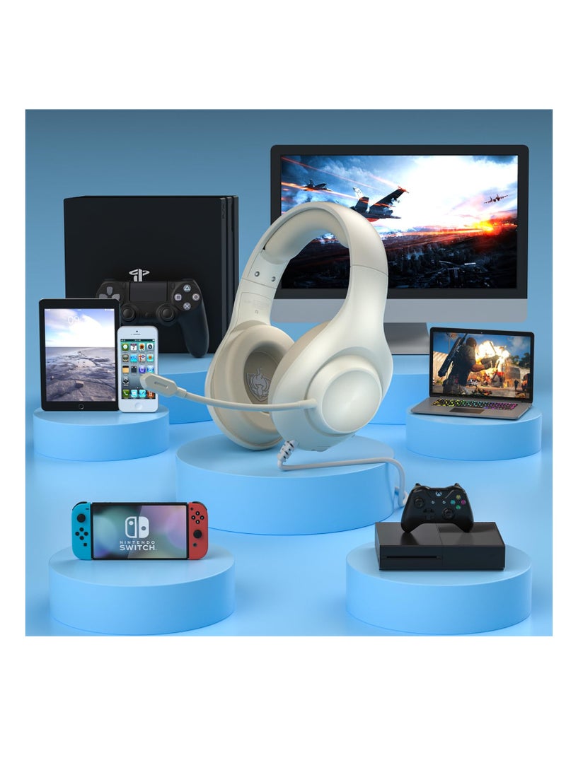 Wired Gaming Headset with 7.1 Surround Sound, H-7 Gaming Over Ear Headphones with Noise Cancelling, Flexible Mic, Memory Earmuffs, Wired Headset for PC/PS5/VS/Xbox Series X/S/Switch, White