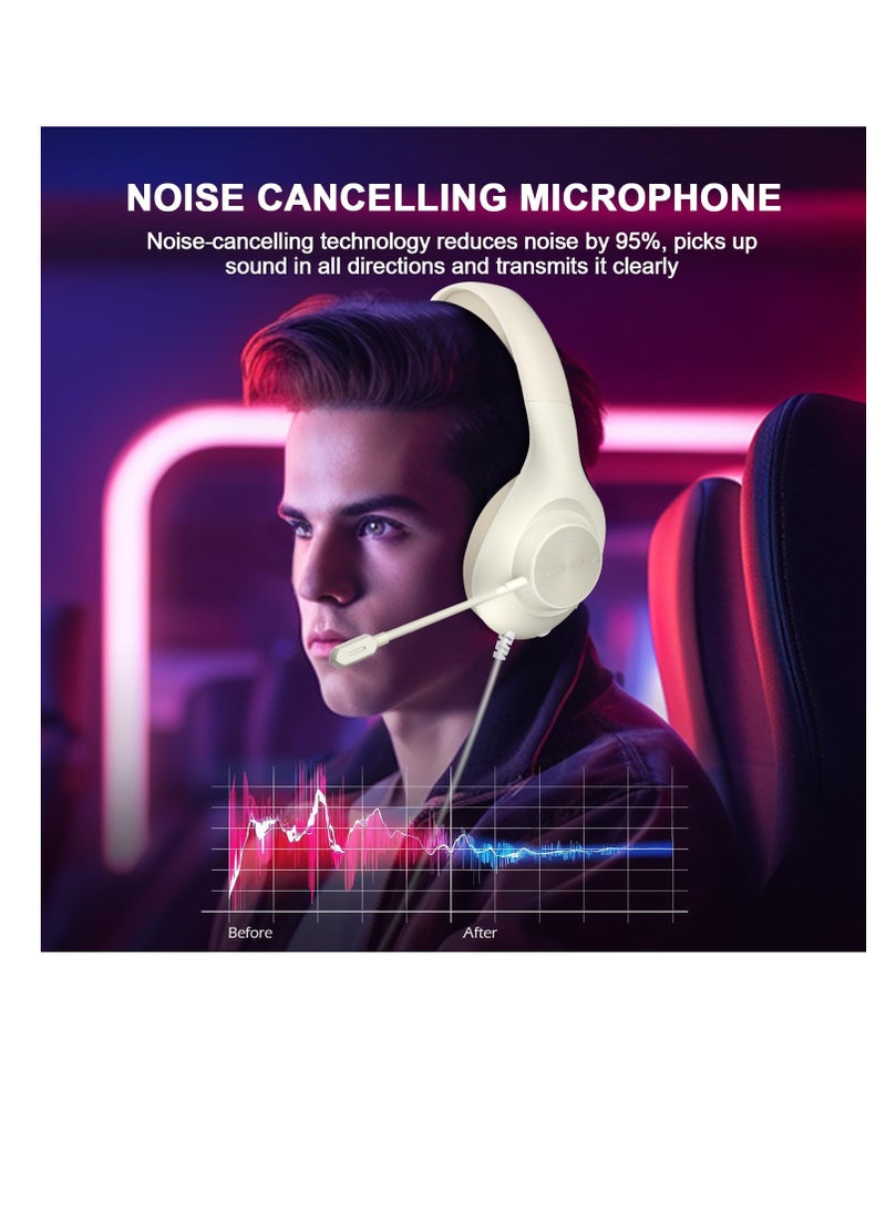 Wired Gaming Headset with 7.1 Surround Sound, H-7 Gaming Over Ear Headphones with Noise Cancelling, Flexible Mic, Memory Earmuffs, Wired Headset for PC/PS5/VS/Xbox Series X/S/Switch, White