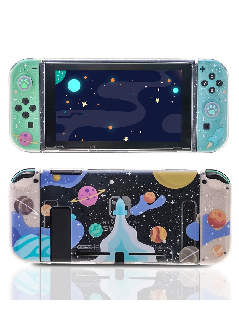 Clear Glitter Switch TPU Case, Protective Switch Case with Glitter Animal Crossing Thumb Grip Case TPU Clear Glitter Protective Case and Tempered Glass Screen Protector for Nintendo Switch