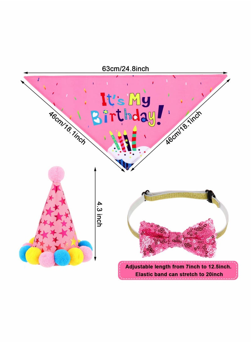 Dog Birthday Bandana Hat Set Dog Birthday Hat Bandana Scarf Shining Dog Bow Tie Collar Dog Happy Birthday Banner and 10 Piece 12 Inch Paw Print Balloon with Tape for Dog Pet Pink