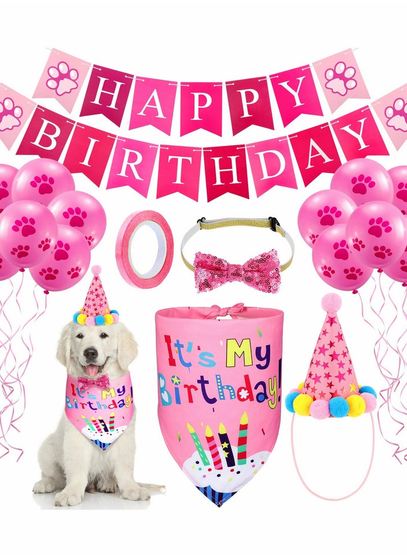 Dog Birthday Bandana Hat Set Dog Birthday Hat Bandana Scarf Shining Dog Bow Tie Collar Dog Happy Birthday Banner and 10 Piece 12 Inch Paw Print Balloon with Tape for Dog Pet Pink