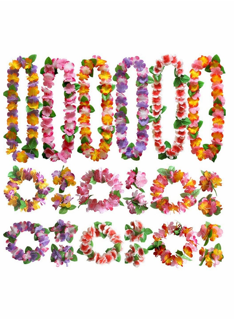 24 PCS Hawaiian Wreath Headband Wristbands Tropical Flower Leaf Hawaii Necklace Headpiece Bracelets Wedding Vacation Summer Beach Carnival Party Garland Decorations