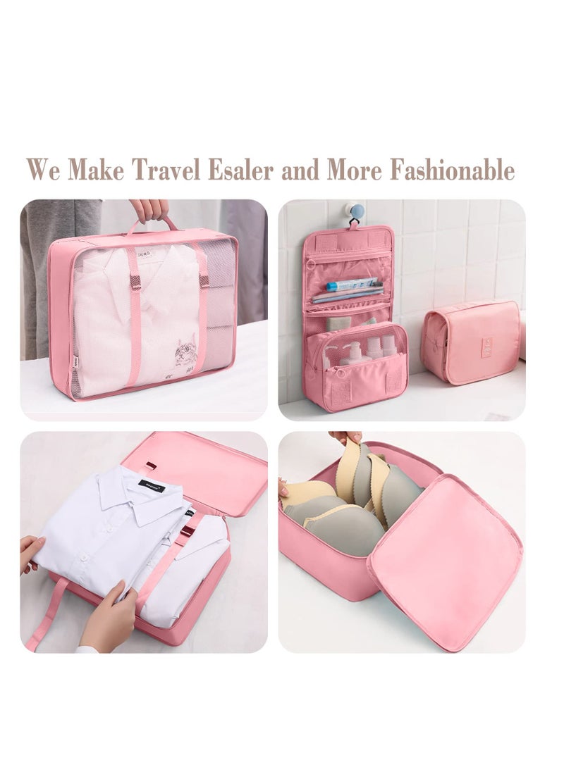 Packing Cubes for Travel, 8 Pcs Luggage Organizers with Toiletry Bag Shoes Bag Made with Wearable Waterproof Fabric for Travel Accessories (Pink)