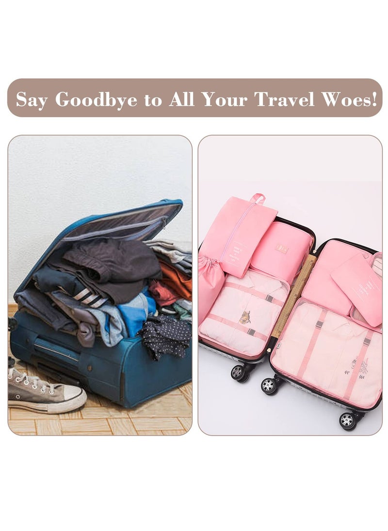 Packing Cubes for Travel, 8 Pcs Luggage Organizers with Toiletry Bag Shoes Bag Made with Wearable Waterproof Fabric for Travel Accessories (Pink)