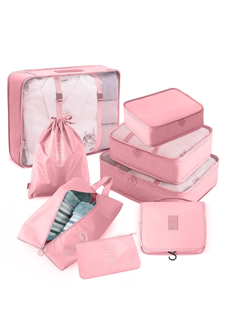 Packing Cubes for Travel, 8 Pcs Luggage Organizers with Toiletry Bag Shoes Bag Made with Wearable Waterproof Fabric for Travel Accessories (Pink)