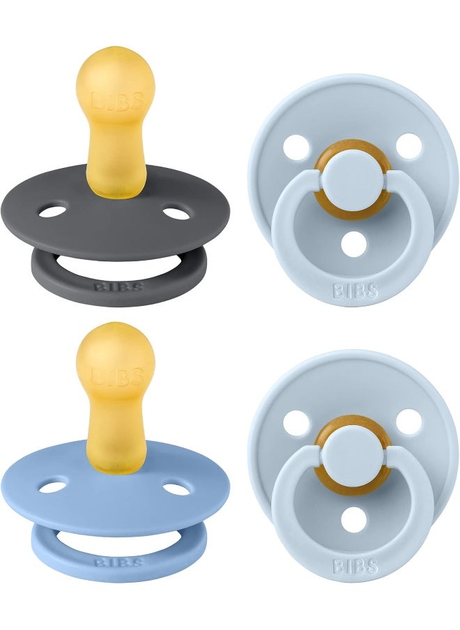 BIBS Colour Soother 4-Pack, BPA Free Dummy Pacifier, Round Natural Rubber Latex, Made in Denmark. 6-18 Months (Pack of 2), Baby Blue Colours