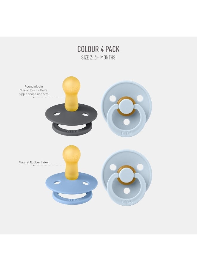BIBS Colour Soother 4-Pack, BPA Free Dummy Pacifier, Round Natural Rubber Latex, Made in Denmark. 6-18 Months (Pack of 2), Baby Blue Colours