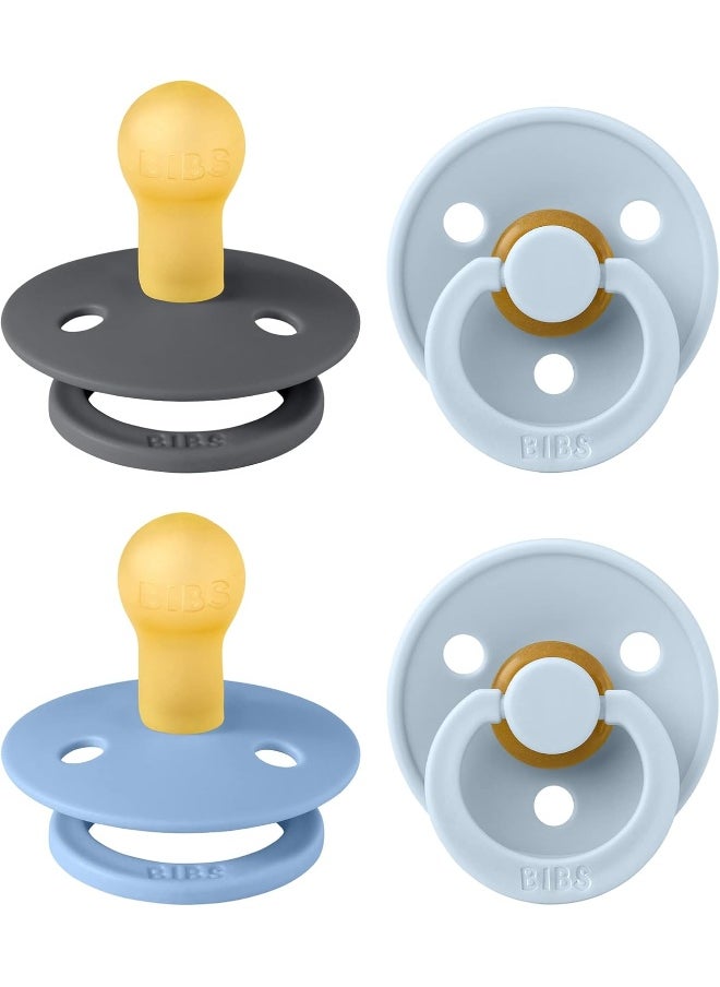 BIBS Colour Soother 4-Pack, BPA Free Dummy Pacifier, Round Natural Rubber Latex, Made in Denmark. 0-6 Months (Pack of 2), Baby Blue Colours