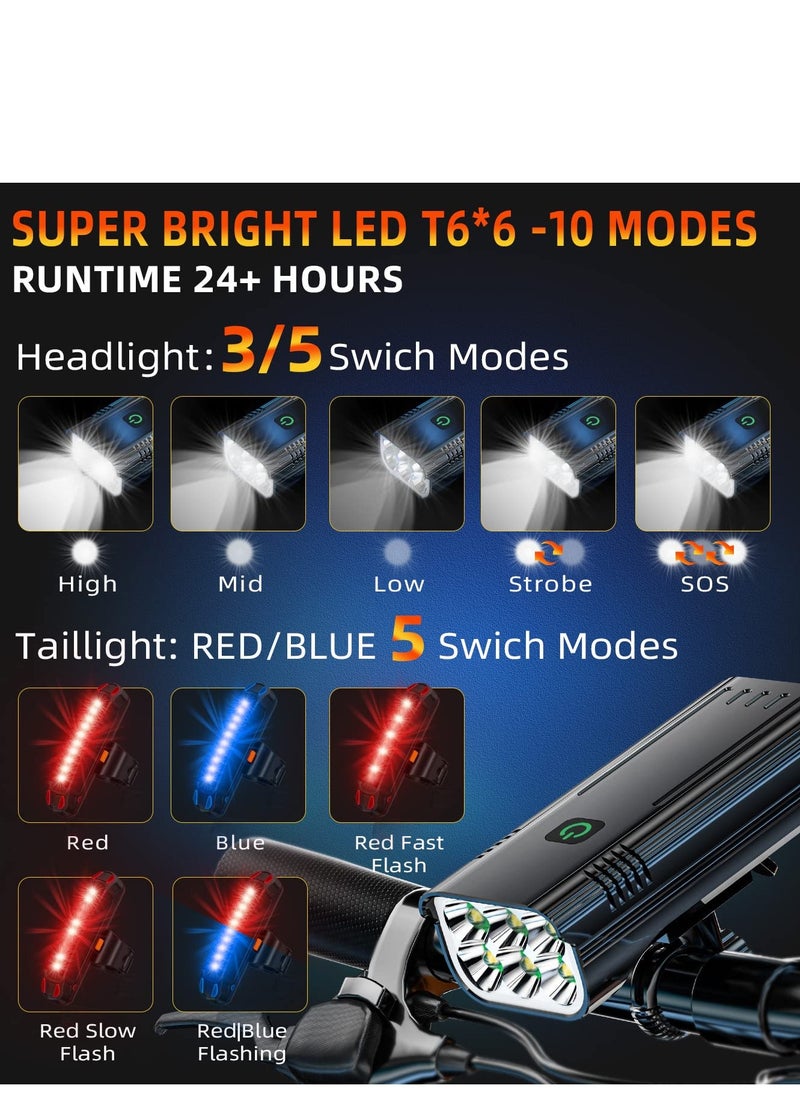 2023 New Brightest 6 LED Bike Lights Front and Back,360°Rotatable, Runtime 24+ hrs,9000 Lumens Waterproof USB Rechargeable Bike Headlight Taillight Set-10 Modes,for Night Riding Cycling Road Mountain