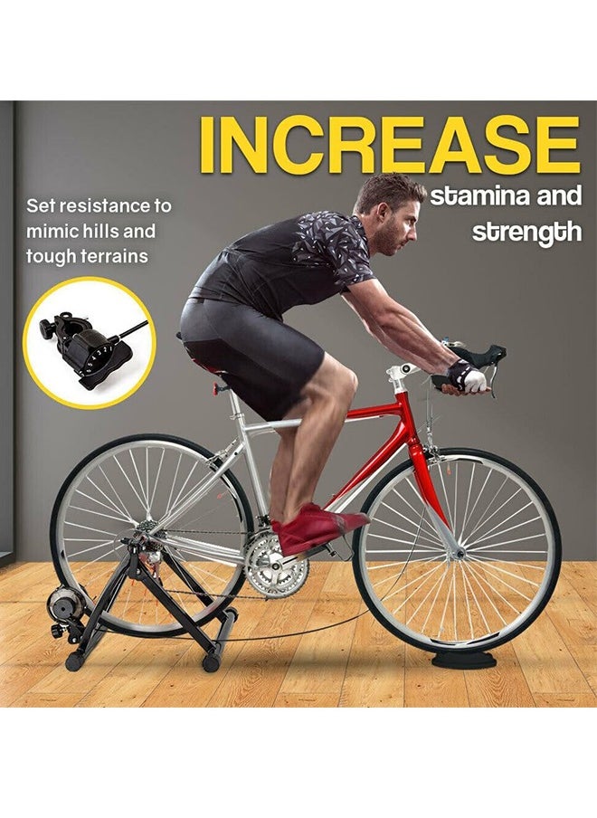 Bike Trainer Stand Indoor Riding Portable Stainless Steel Indoor Trainer w/Magnetic Flywheel, Noise Reduction, 6 Resistance Settings, Stationary Exercise for Road & Mountain Bikes