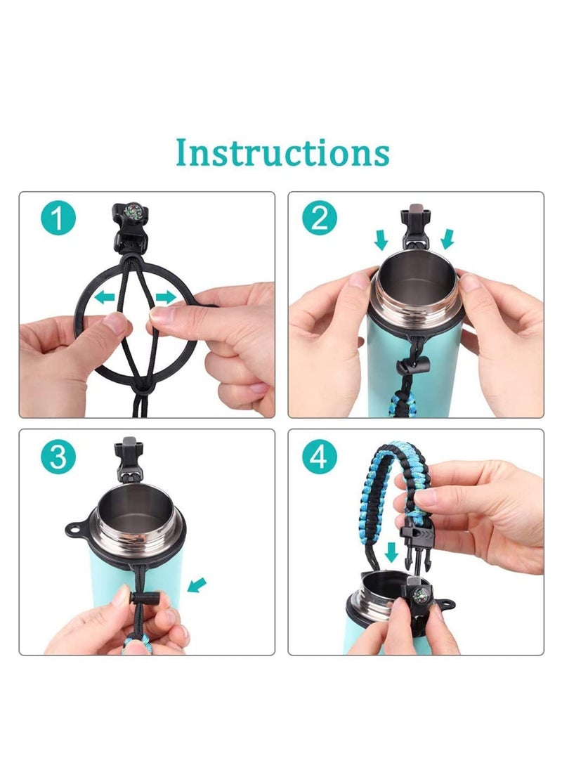 Handle Fits Wide Mouth Bottles 12oz to 64oz Durable Carrier, Carrier Strap Cord with Safety Ring, Compass and Carabiner Ideal Water Bottle Handle Strap