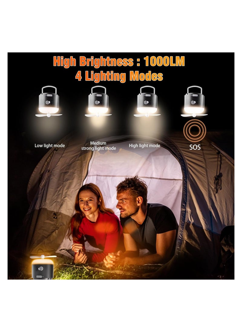 Portable Camping Lantern, 1200mah Rechargeable LED Camping Lantern, 4-in-1 Camping Tent Light with Lighting, Fan, Spray, USB Rechargeable for Power Outages, Camping, Emergencies, Storms