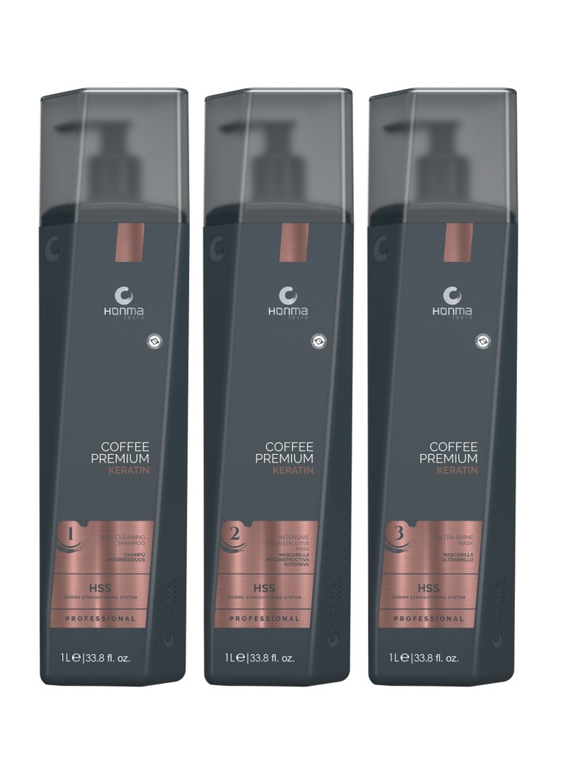 Honma Coffee Premium Keratin Hair Treatment Set, Professional Deep Cleaning Shampoo, Intensive Mask, Ultra Shine Mask, 1L