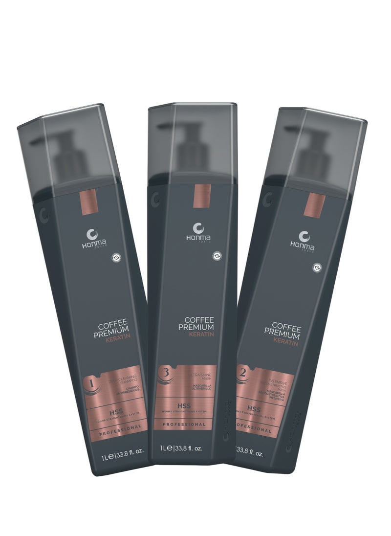 Honma Coffee Premium Keratin Hair Treatment Set, Professional Deep Cleaning Shampoo, Intensive Mask, Ultra Shine Mask, 1L