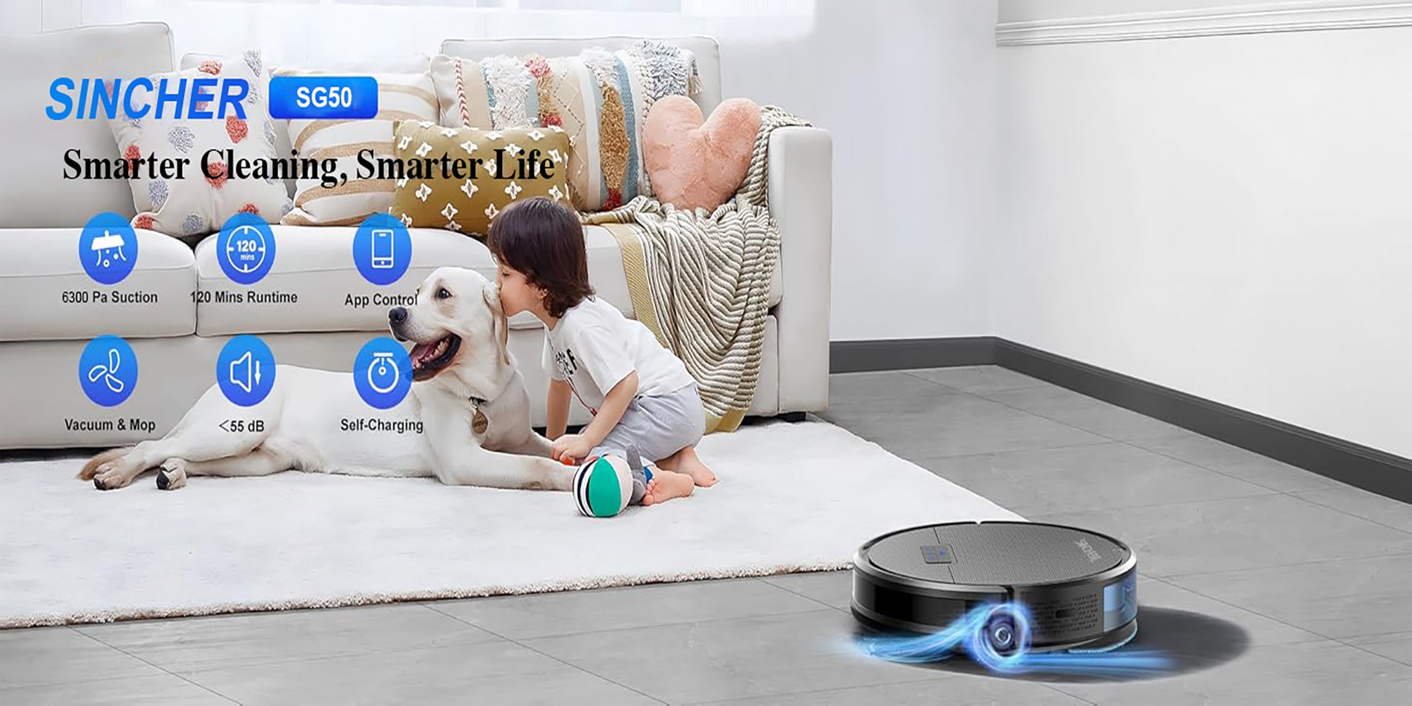 SG50 Robot Vacuum Cleaner with 6300Pa Suction Power Mop Function - 2-in-1 Robot Vacuum , Self-Charging Feature, WiFi Connectivity - Ideal for Pet Hair & Carpet