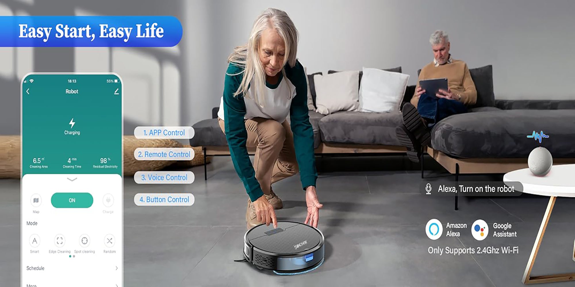 SG50 Robot Vacuum Cleaner with 6300Pa Suction Power Mop Function - 2-in-1 Robot Vacuum , Self-Charging Feature, WiFi Connectivity - Ideal for Pet Hair & Carpet