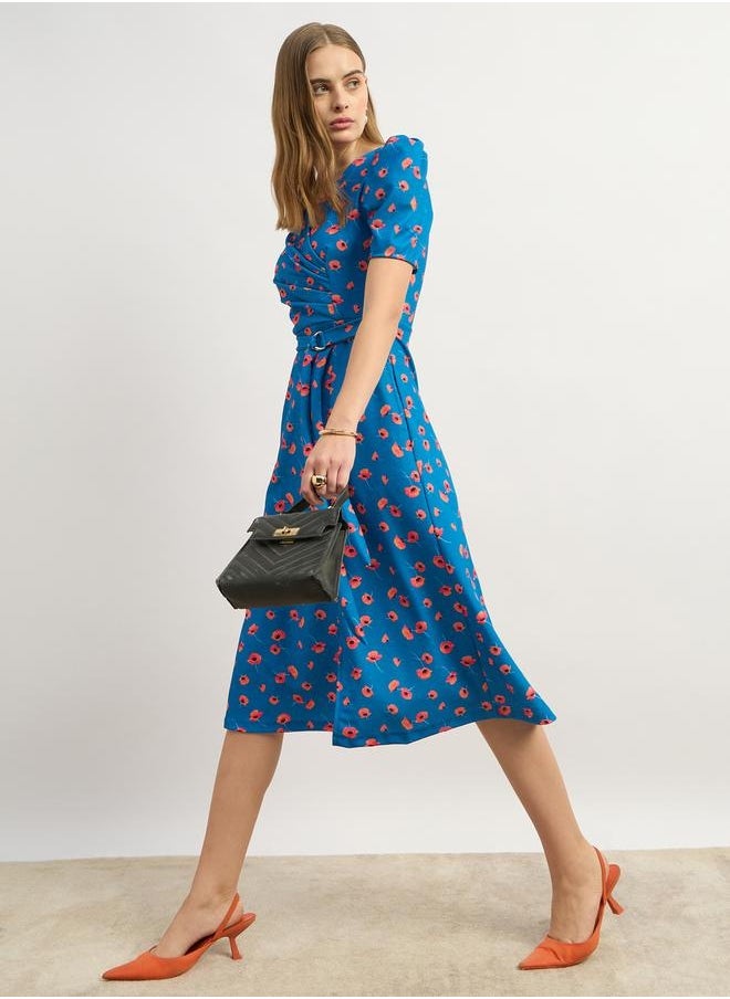 Floral Print A-Line Midi Dress with Puff Sleeves