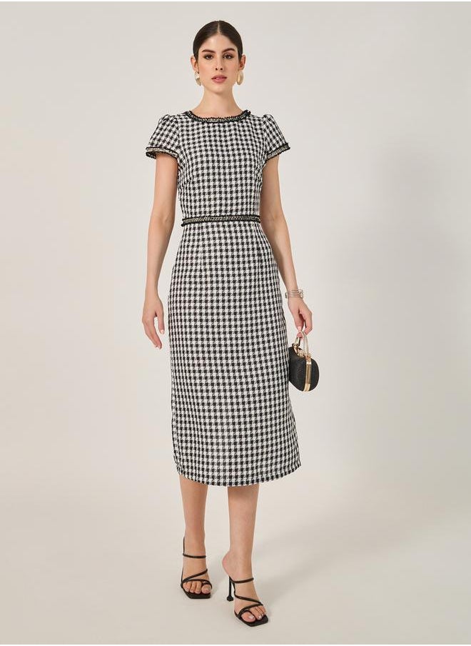 Checked Short Sleeve Bodycon Midi Dress