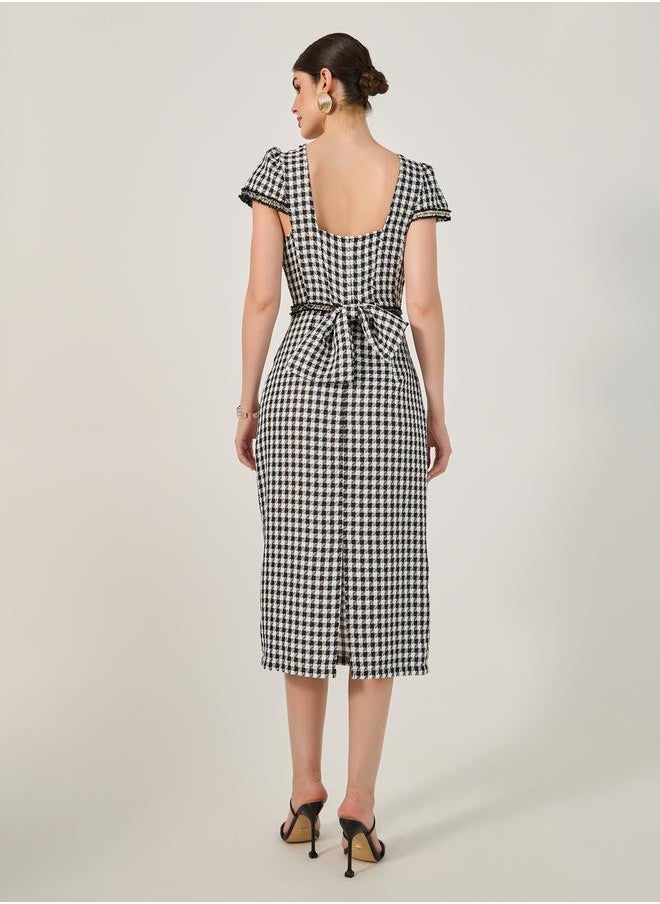 Checked Short Sleeve Bodycon Midi Dress