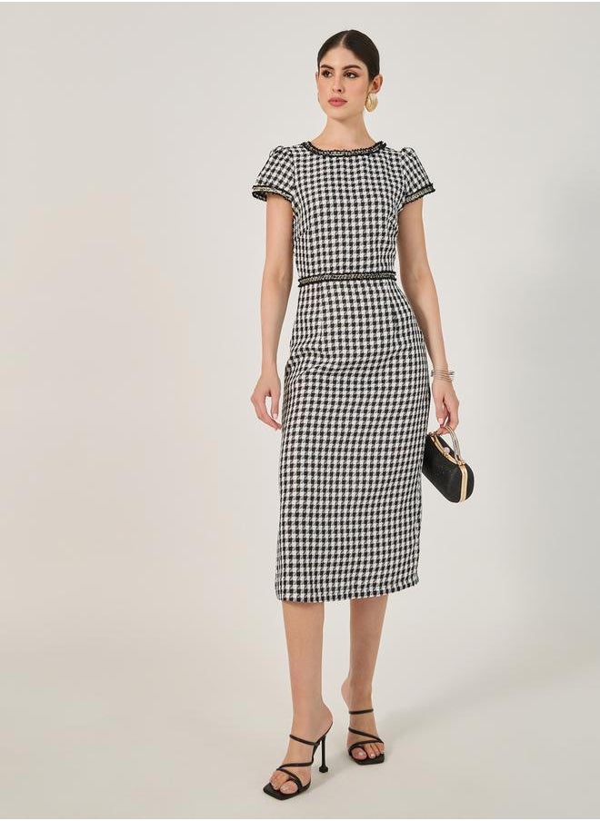 Checked Short Sleeve Bodycon Midi Dress