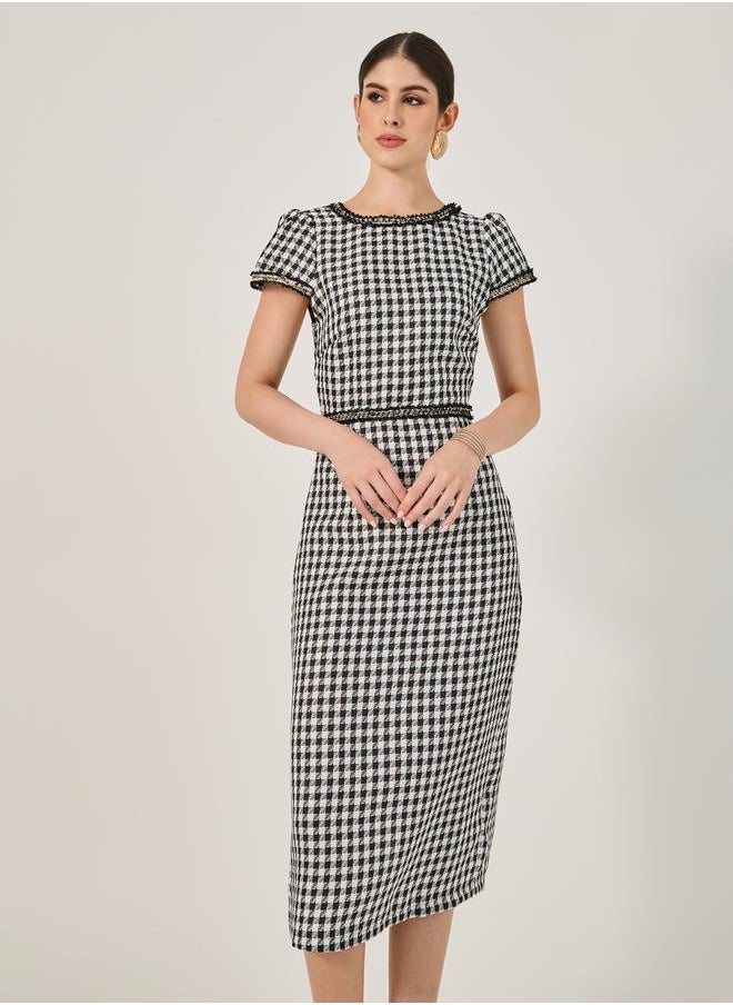 Checked Short Sleeve Bodycon Midi Dress