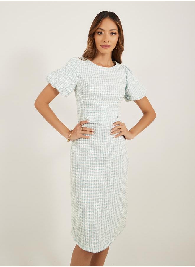 Tweed Puff Sleeves Sheath Knee-Length Dress