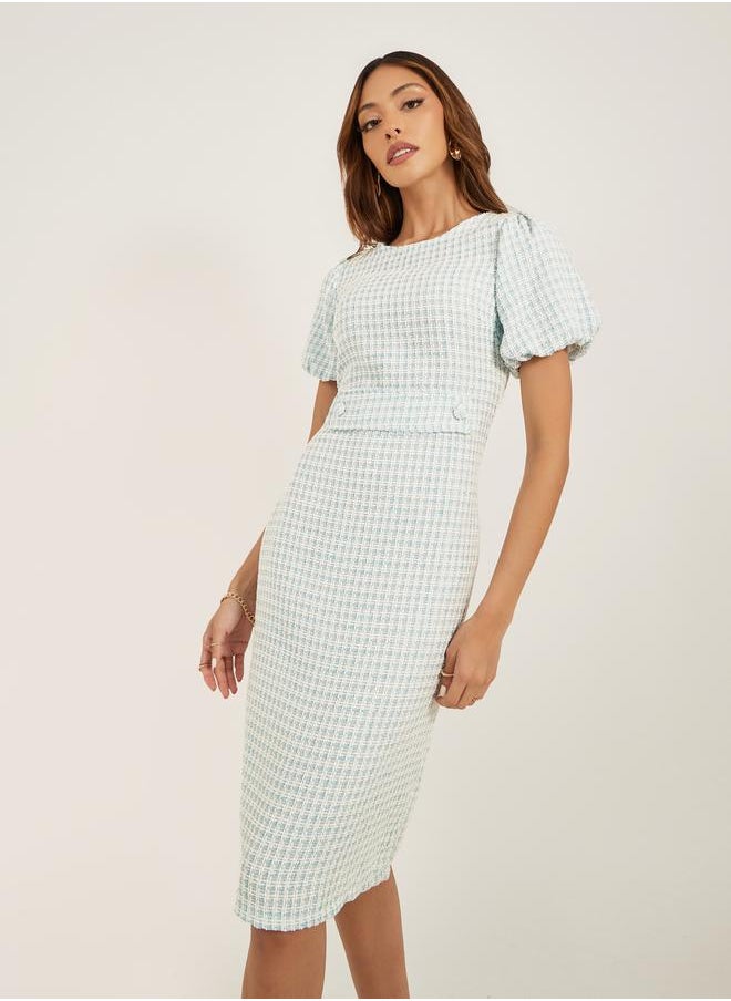 Tweed Puff Sleeves Sheath Knee-Length Dress