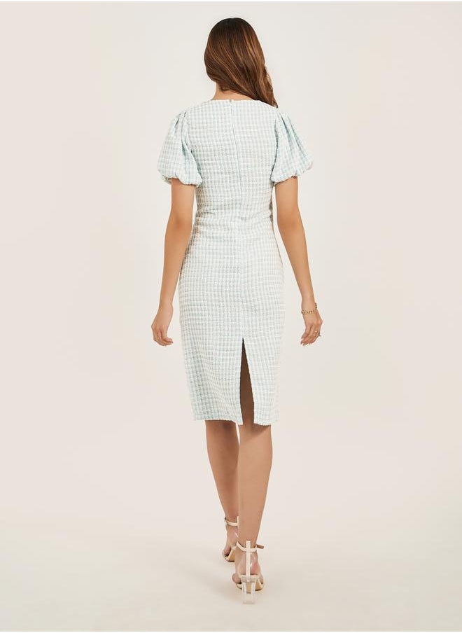 Tweed Puff Sleeves Sheath Knee-Length Dress