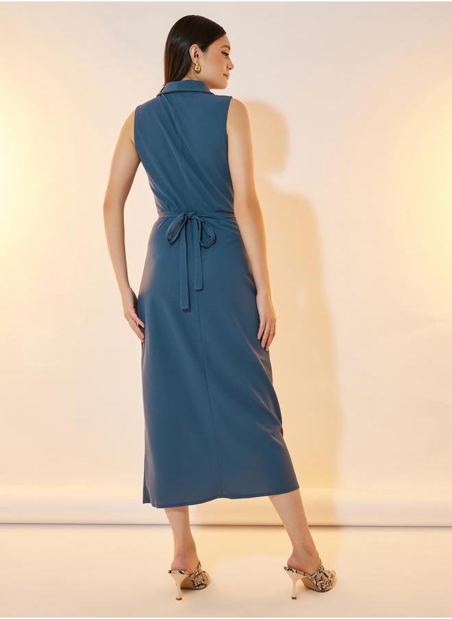 Solid Sleeveless Wrap Over Midi Dress