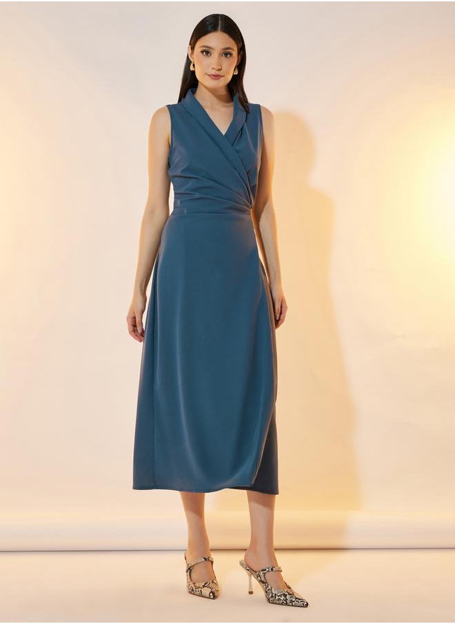 Solid Sleeveless Wrap Over Midi Dress