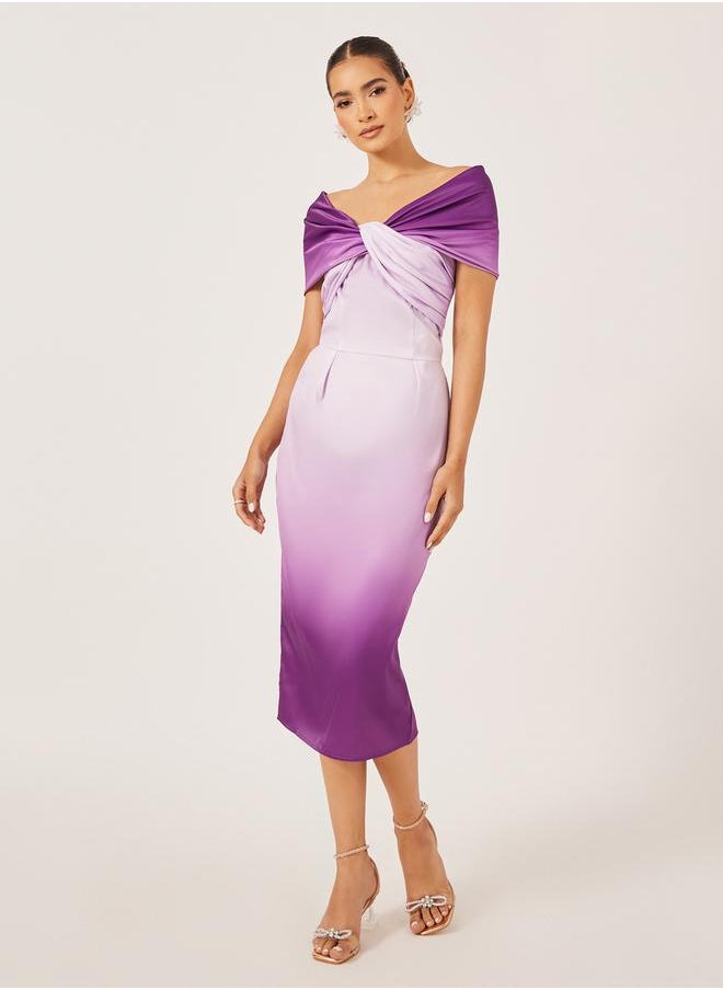 Front Knot Ombre Print Short Sleeves Sheath Midi Dress