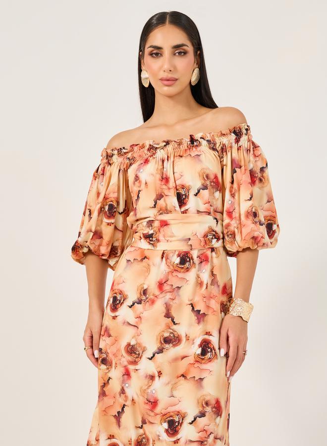 All-Over Print Off Shoulder Neck A-Line Midi Dress