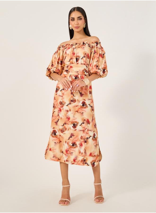 All-Over Print Off Shoulder Neck A-Line Midi Dress
