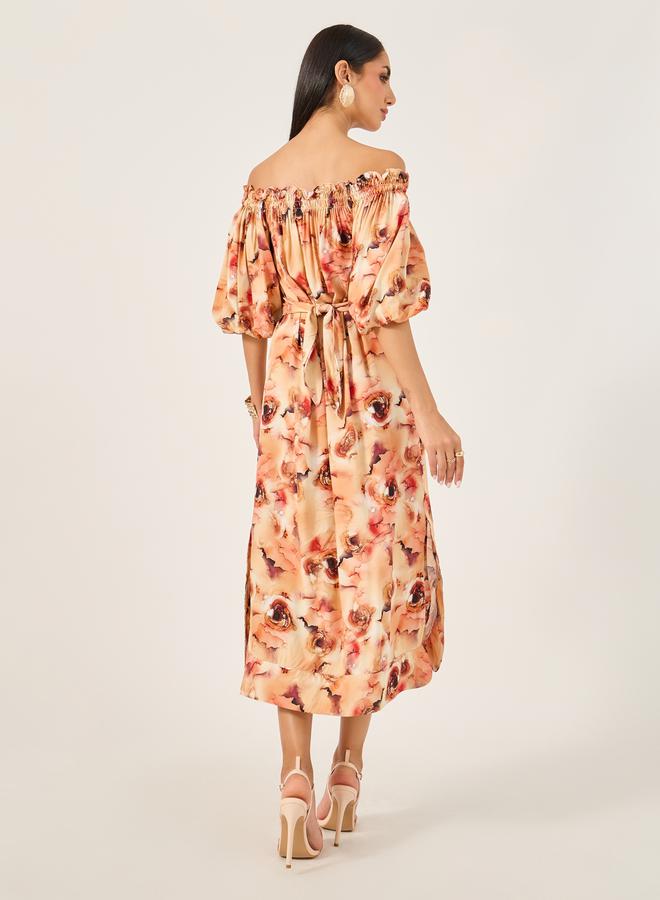All-Over Print Off Shoulder Neck A-Line Midi Dress