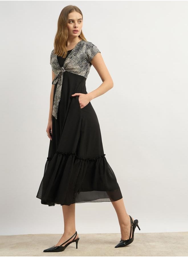 Contrast Animal Print Tie-Up Detail Midi Dress