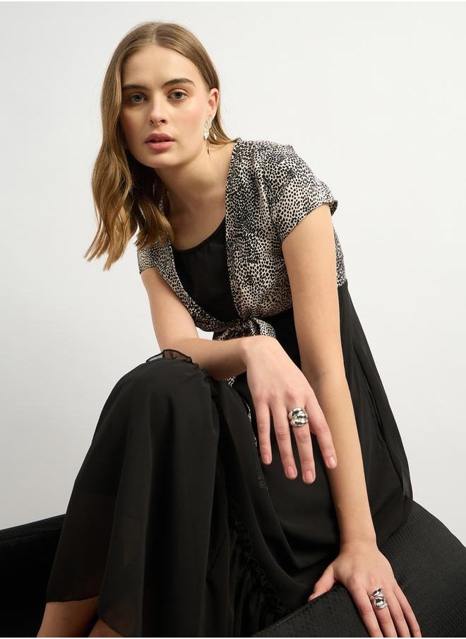 Contrast Animal Print Tie-Up Detail Midi Dress