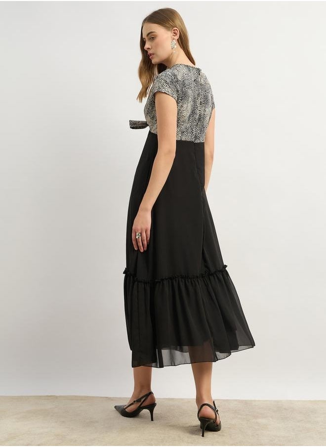 Contrast Animal Print Tie-Up Detail Midi Dress